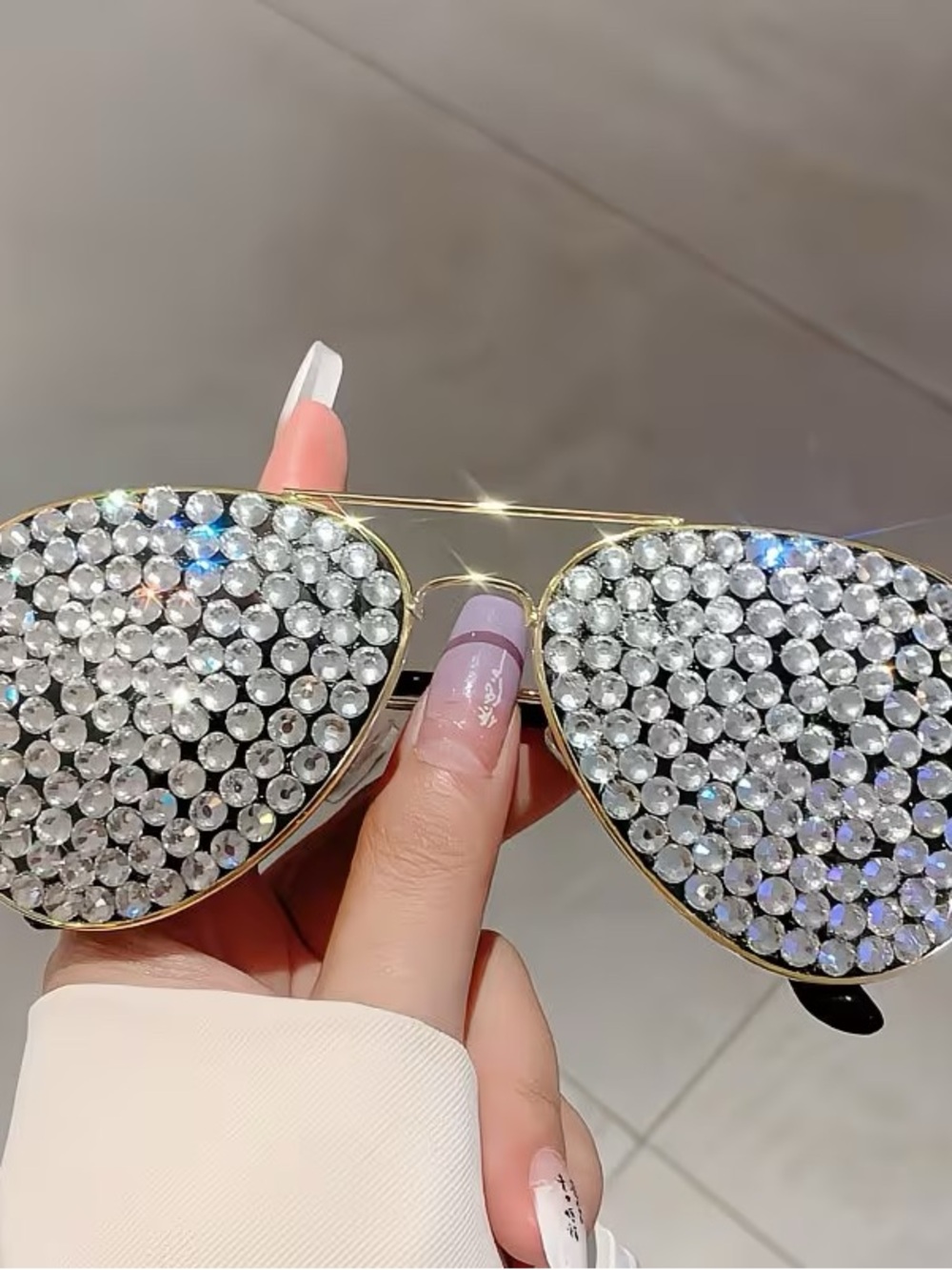 Gold Aviator Sunglasses with Crystal Rhinestone Lenses - Sparkling White